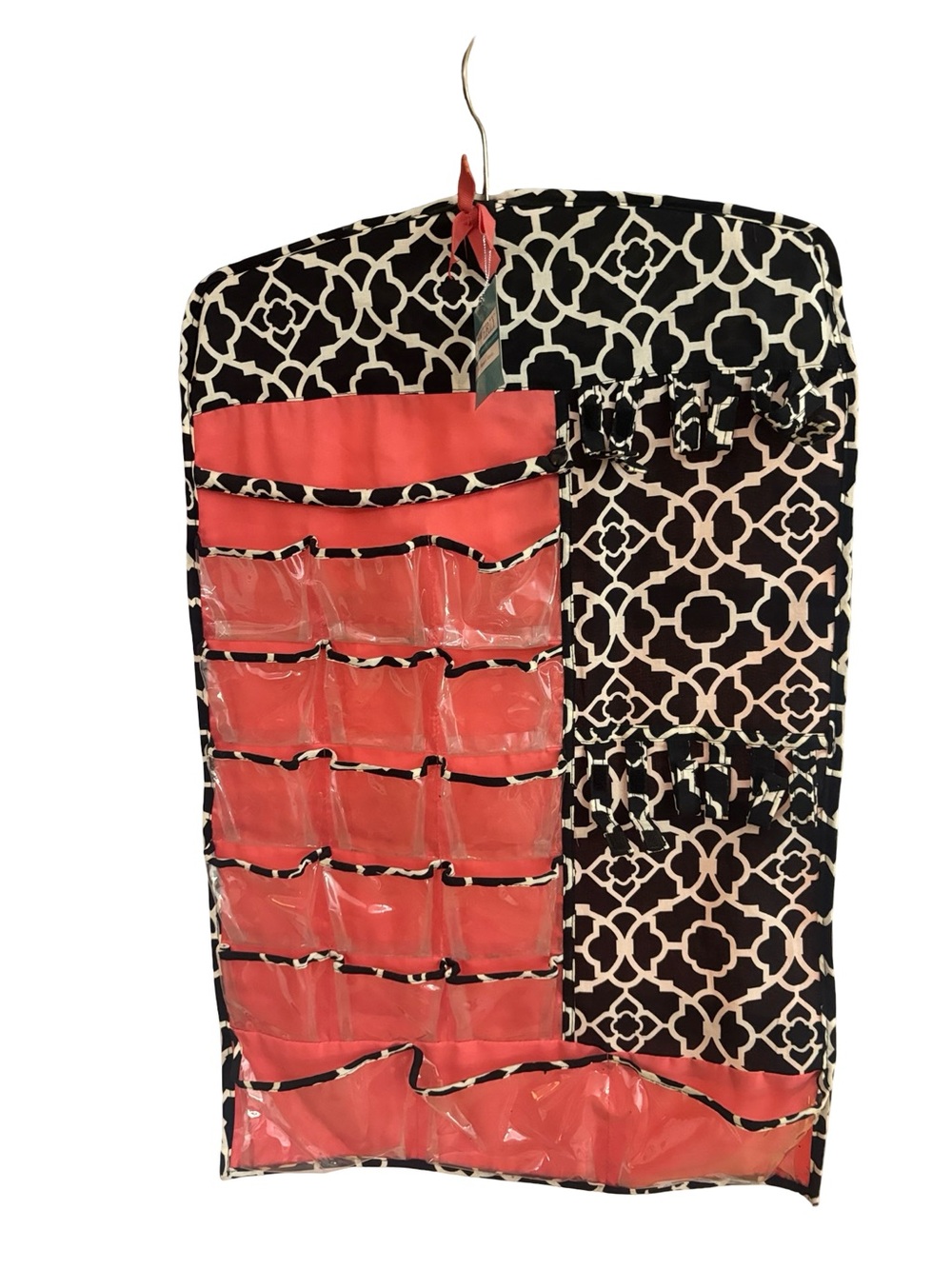 Waverly Black & Coral Hanging Jewelry Storage Organizer with Clear Pockets